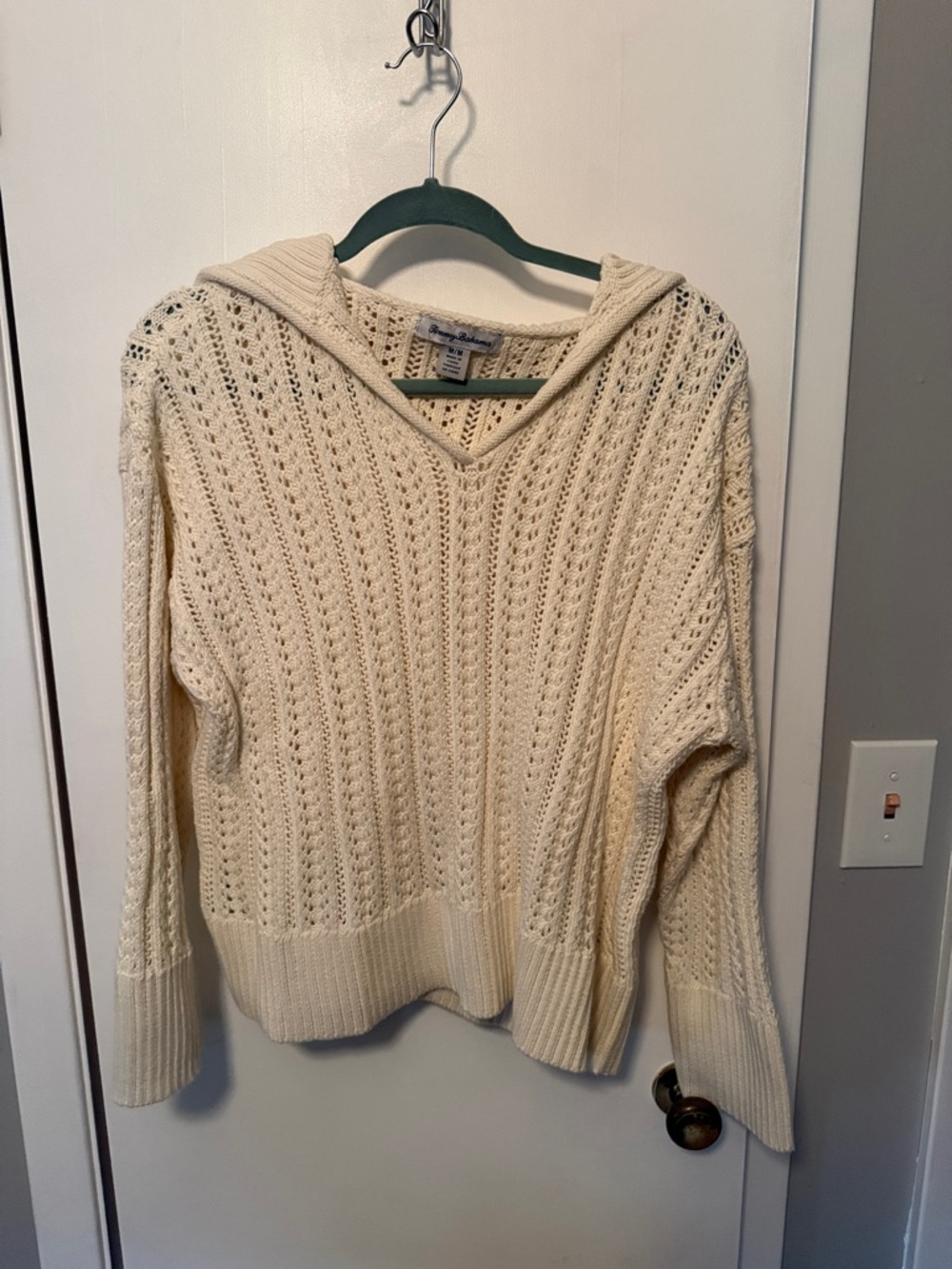 Tommy Bahama Cream V-Neck Hooded Eyelet Knit Sweater